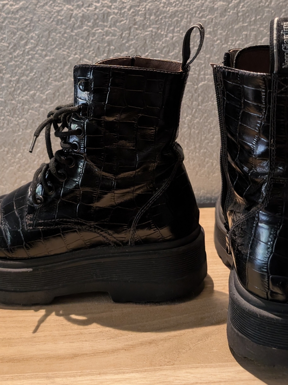 Nero Giardini Black Croc-Embossed Platform Combat Boots